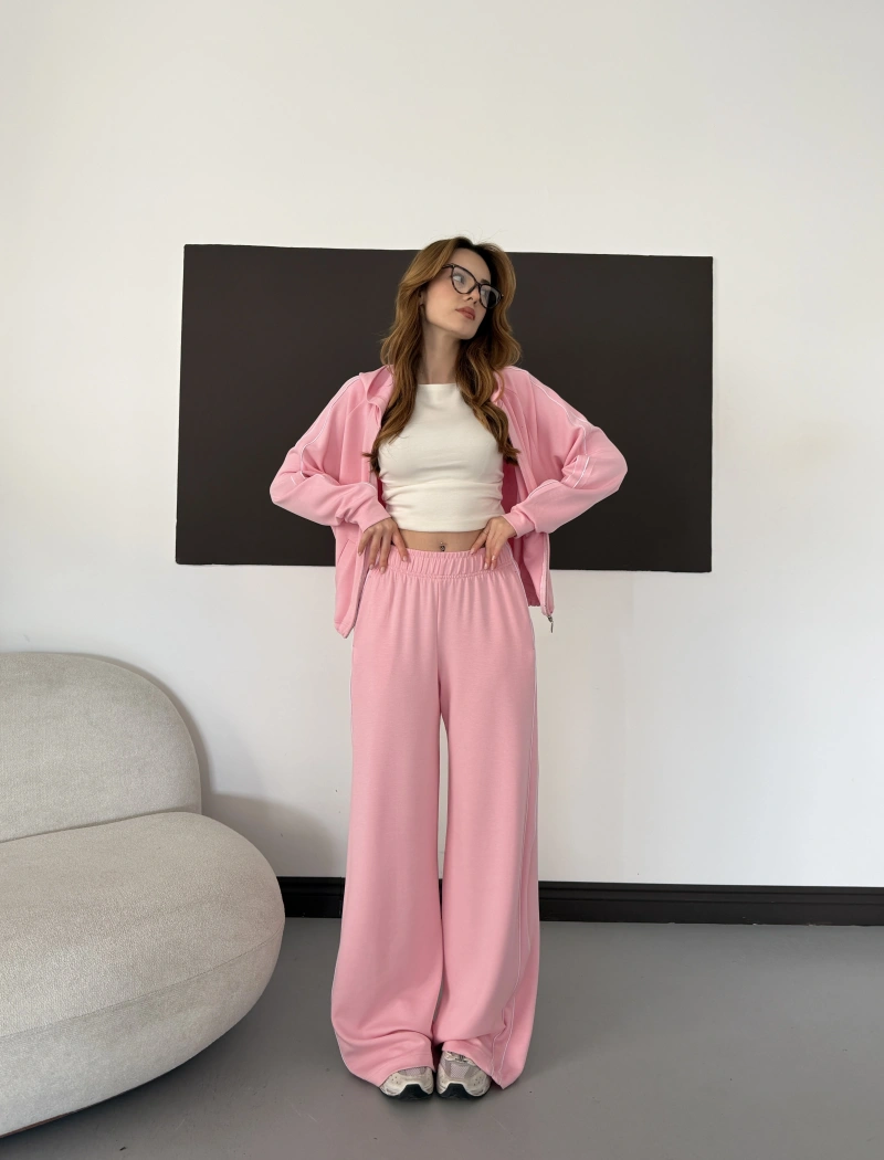 Biye Detaylı Kapüşonlu Oversize Takım Pembe
