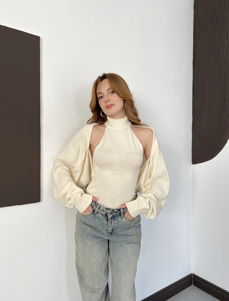 Bolero Detaylı Triko Takım Bej
