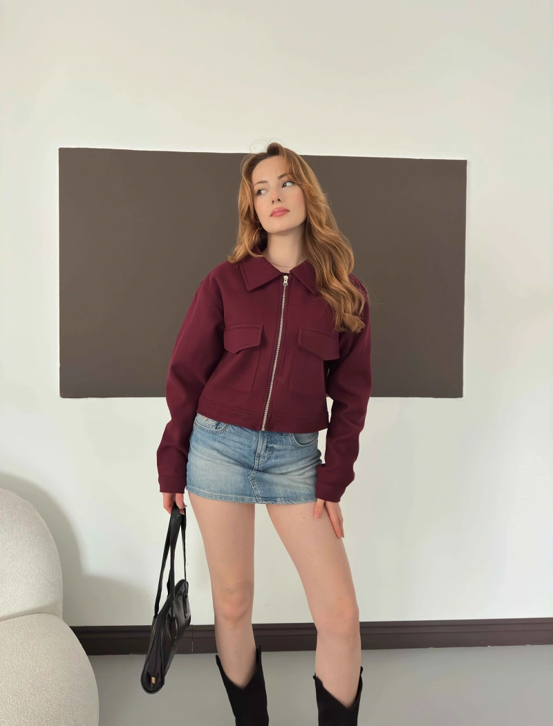 Cep Detaylı Crop Kaşe Ceket Bordo