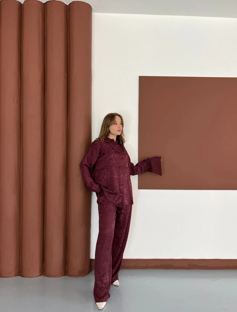 Desenli Gömlek-Pantolon Takım Bordo