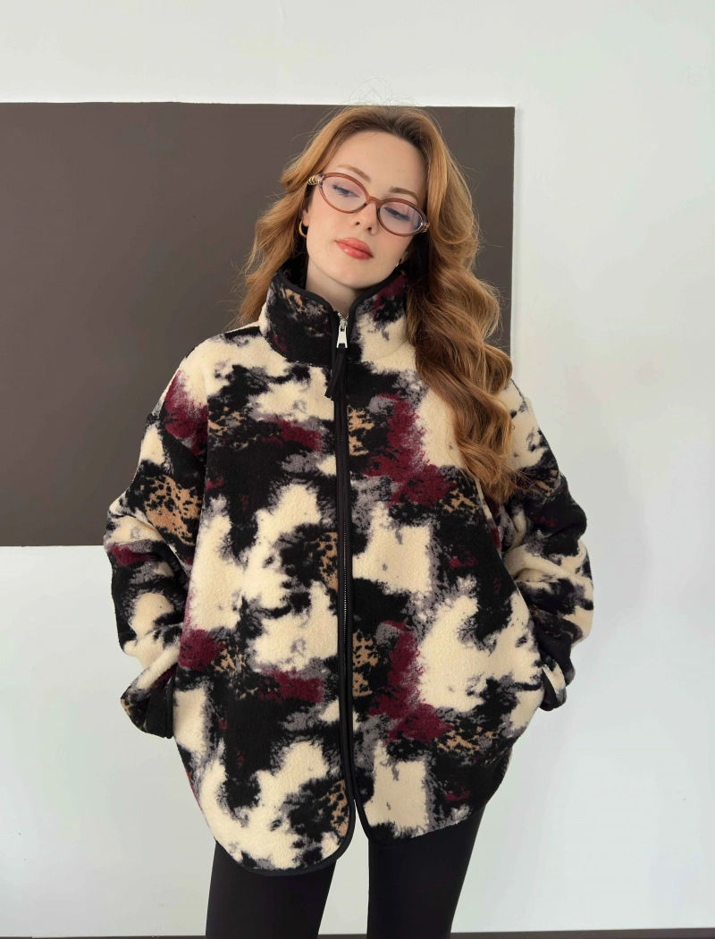 Desenli Peluş Polar Bej-Siyah-Bordo