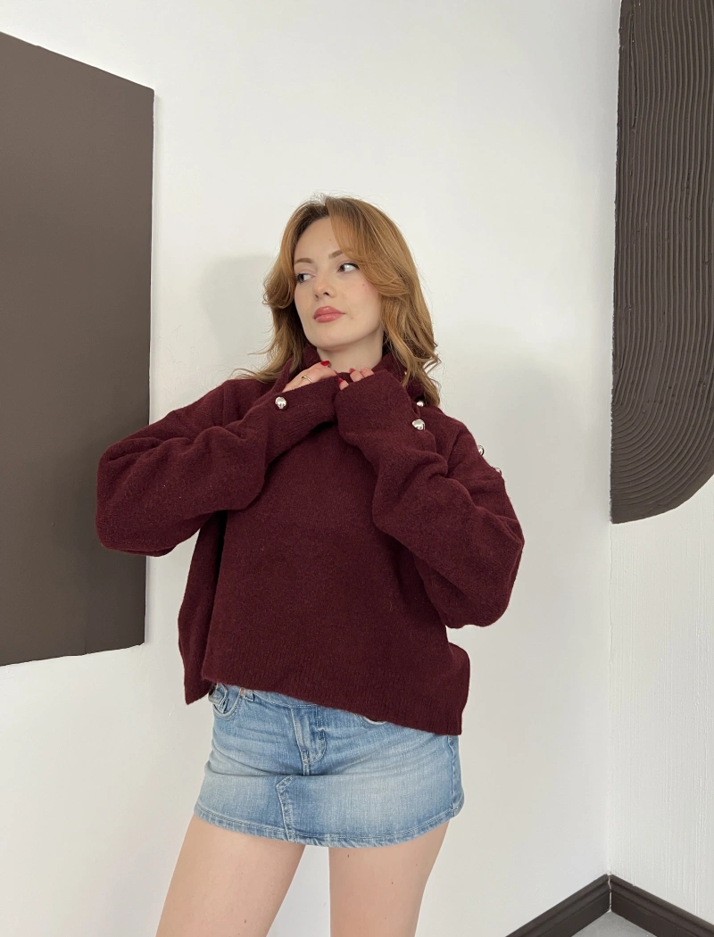 Dik Yaka Yumoş Oversize Crop Triko Kazak Bordo