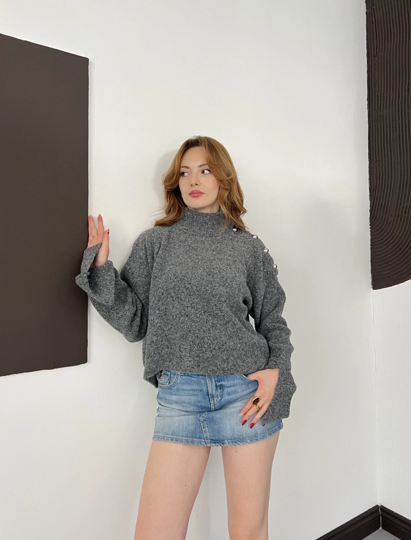 Dik Yaka Yumoş Oversize Crop Triko Kazak Gri
