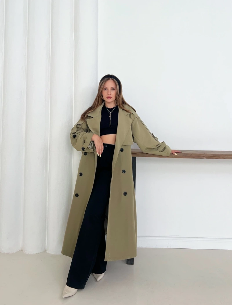 Düğme Detaylı Oversize Trençkot Haki
