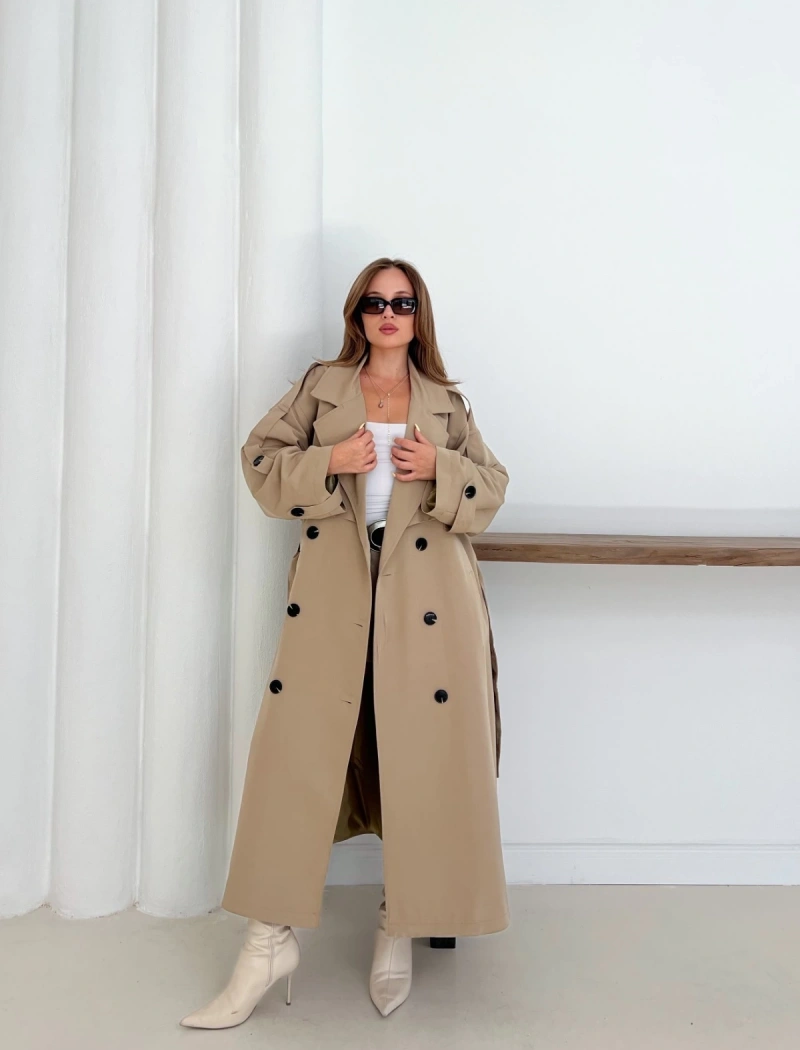 Düğme Detaylı Oversize Trençkot Krem