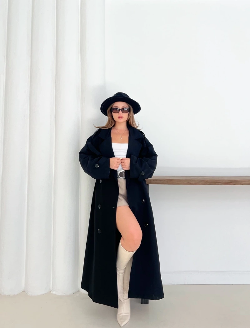 Düğme Detaylı Oversize Trençkot Siyah