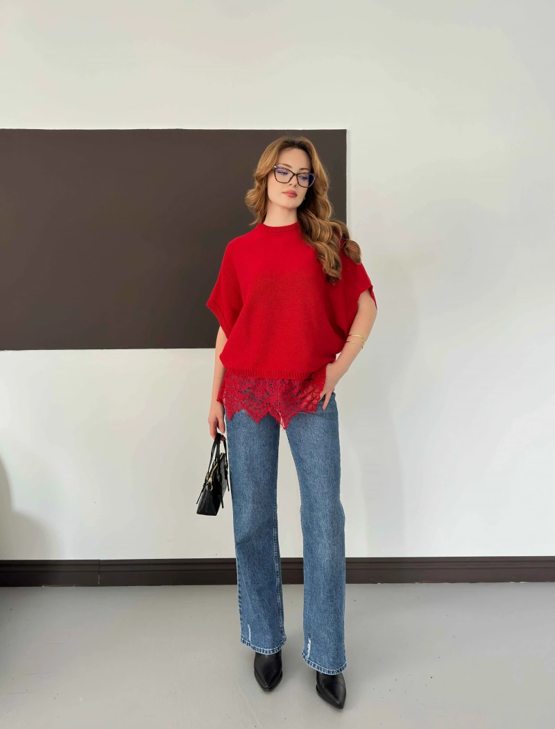 Etek Ucu Dantelli Oversize Triko Bluz Kırmızı