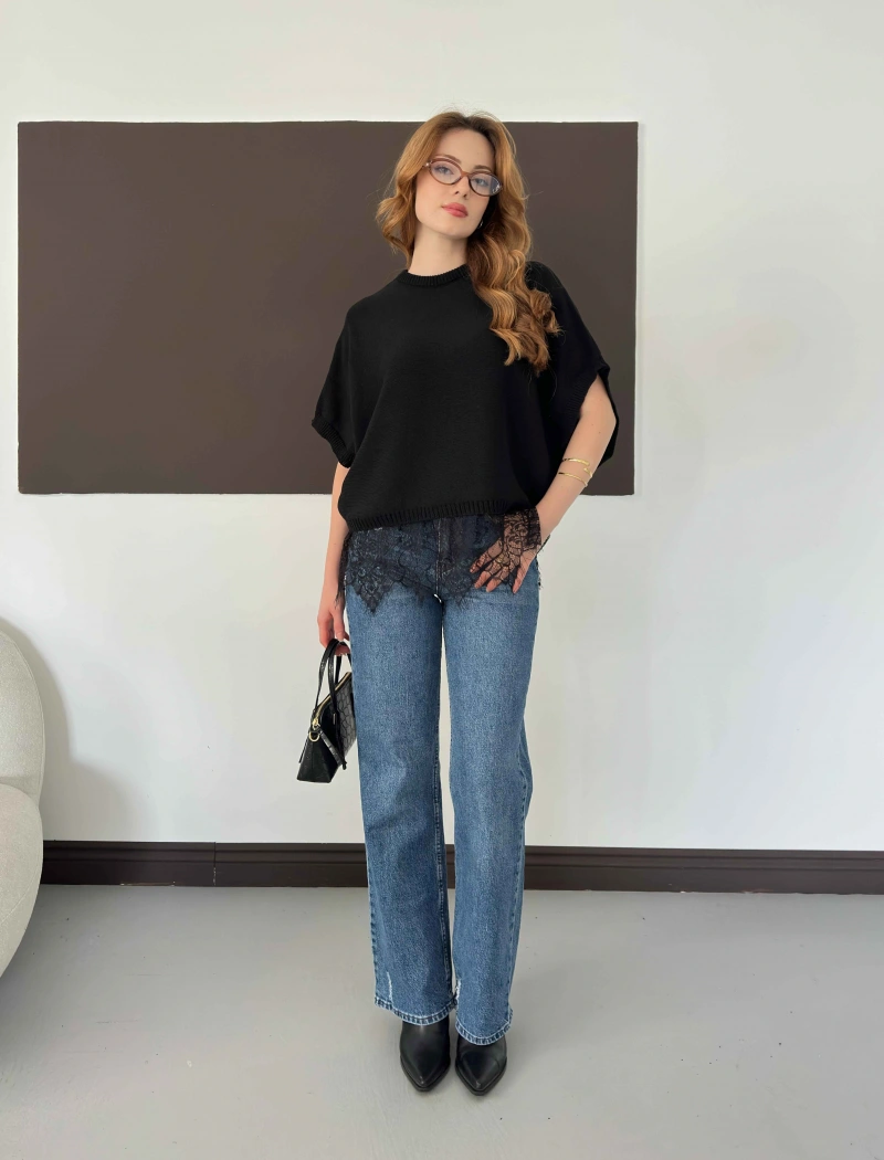 Etek Ucu Dantelli Oversize Triko Bluz Siyah