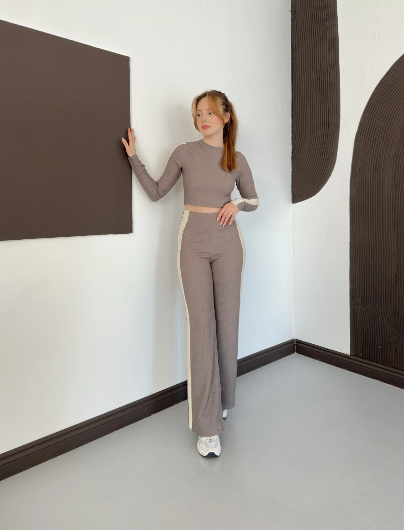 Garnili Yan Şerit Crop-Pantolon Takım Gri