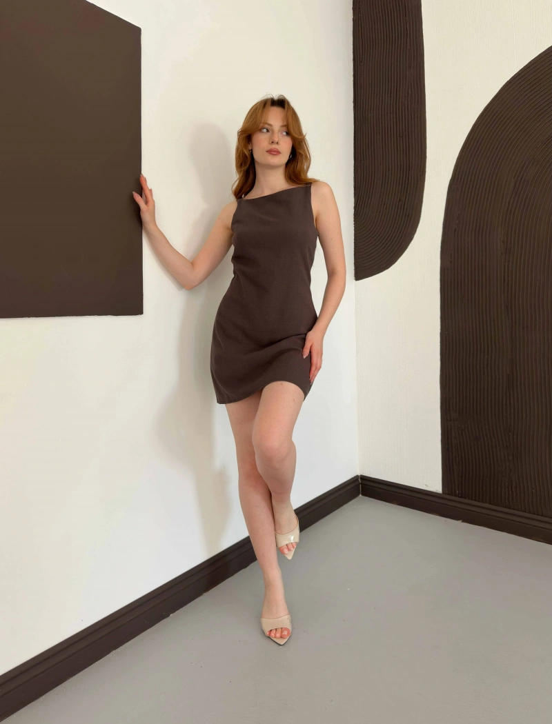 Ham Keten Basic Elbise Kahve