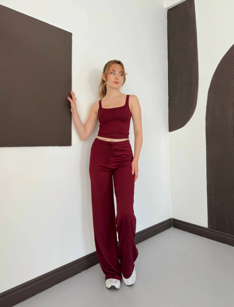 İp Askılı Yumaşak Dokulu Basic Atlet-Pantolon Takım Bordo