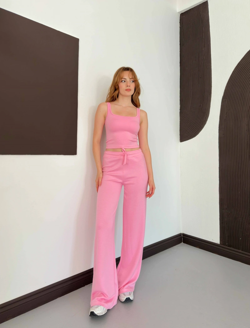 İp Askılı Yumaşak Dokulu Basic Atlet-Pantolon Takım Pembe