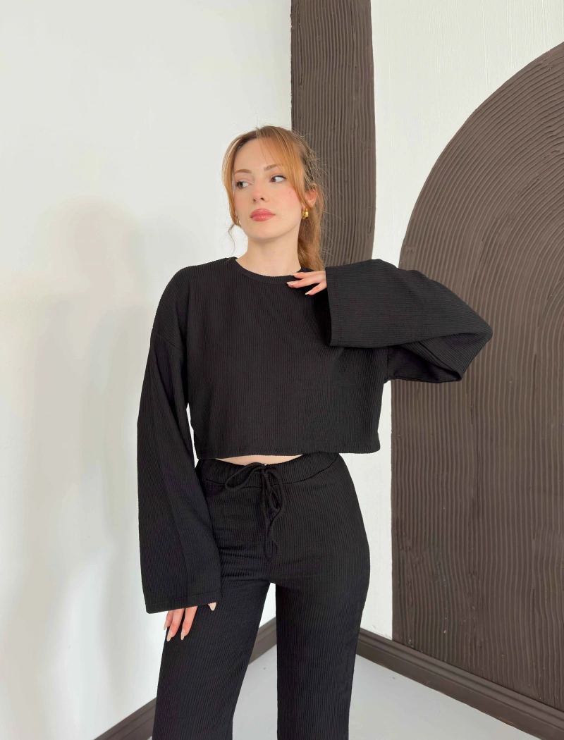 İspanyol Kol Crop- Bluz-Pantolon Takım Siyah