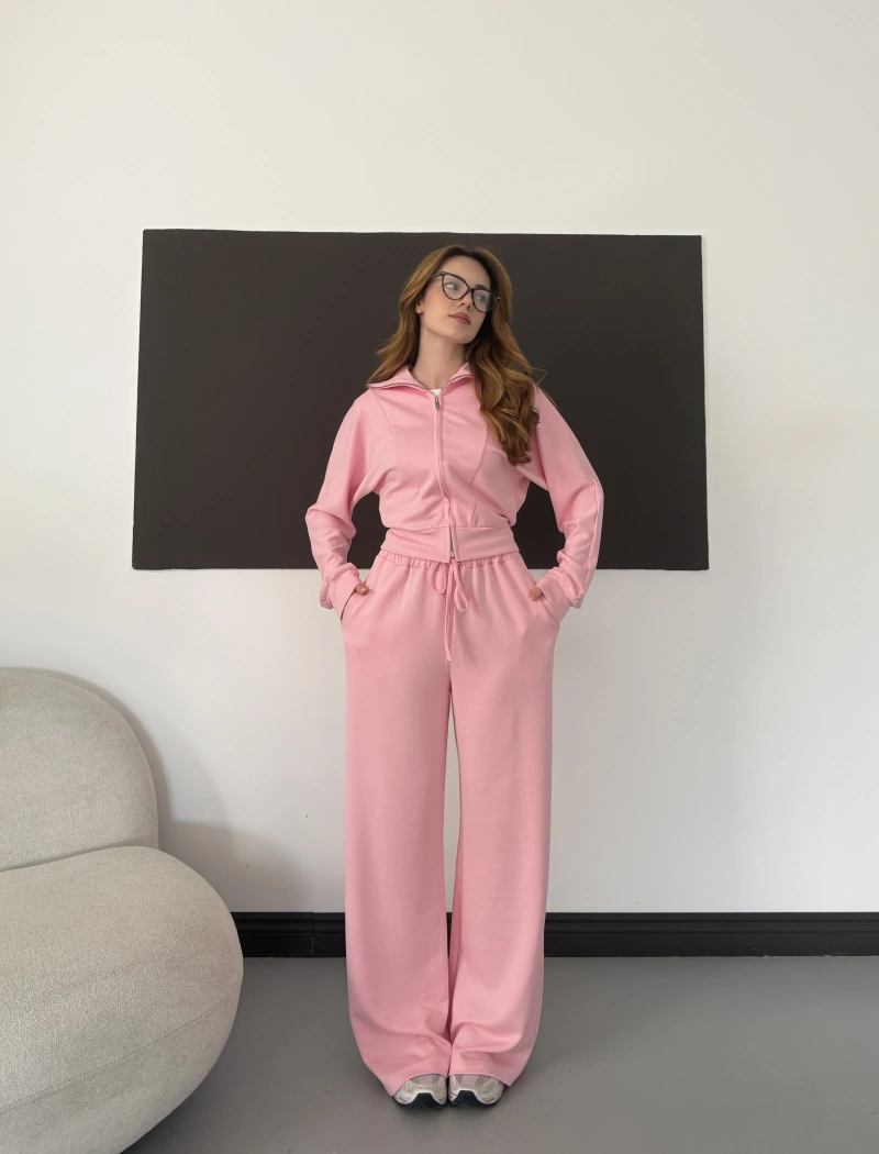 Kapüşonlu Modal Bol Paça İkili Takım Pembe