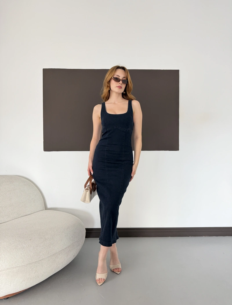 Kare Yaka Kalın Askılı Denim Elbise Lacivert