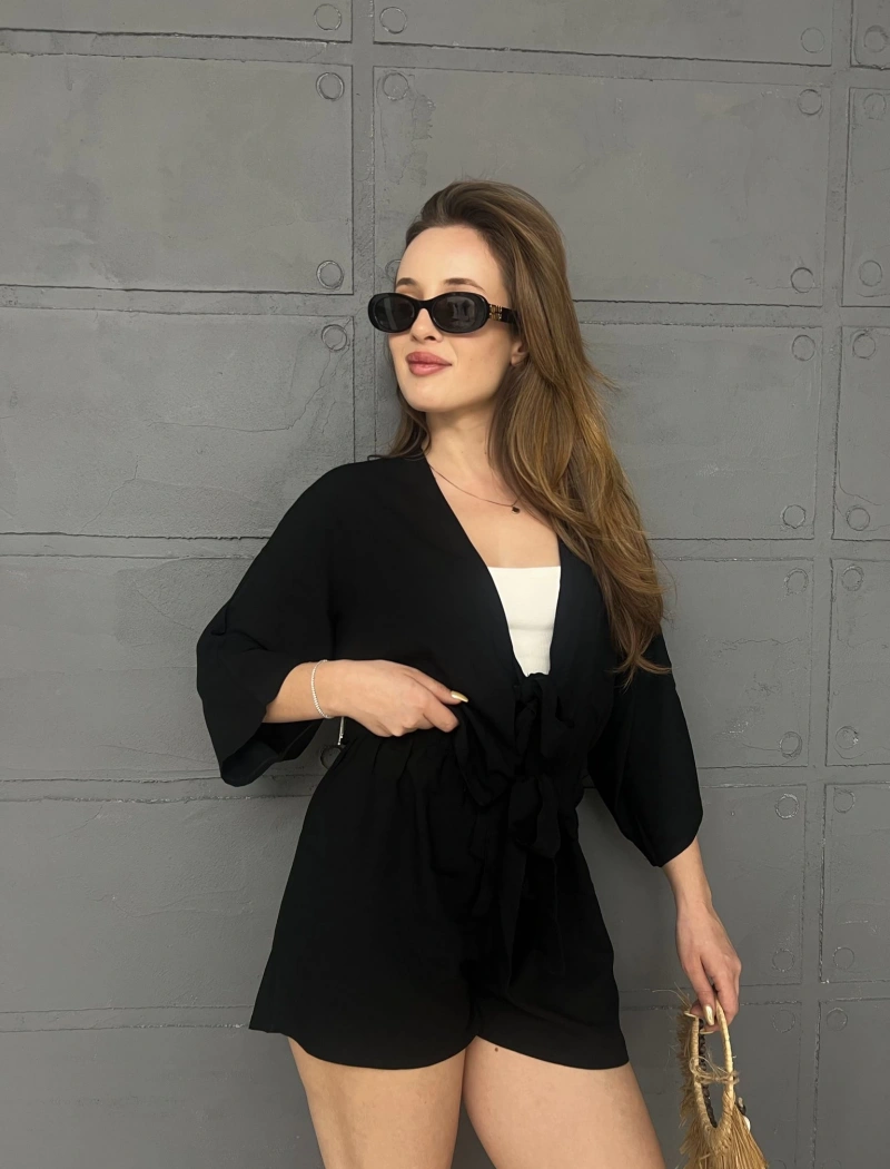 Kilim Desen Şortlu Kimono Takım Siyah