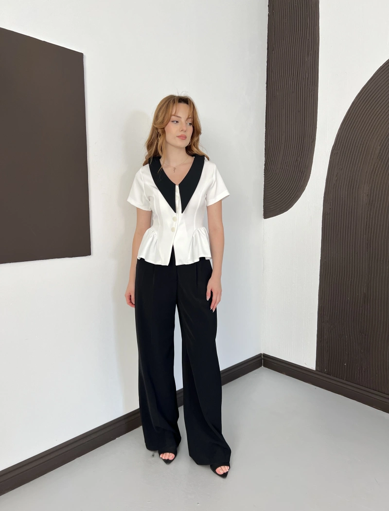 Kontrast Yaka Peplum Detaylı Bluz Beyaz