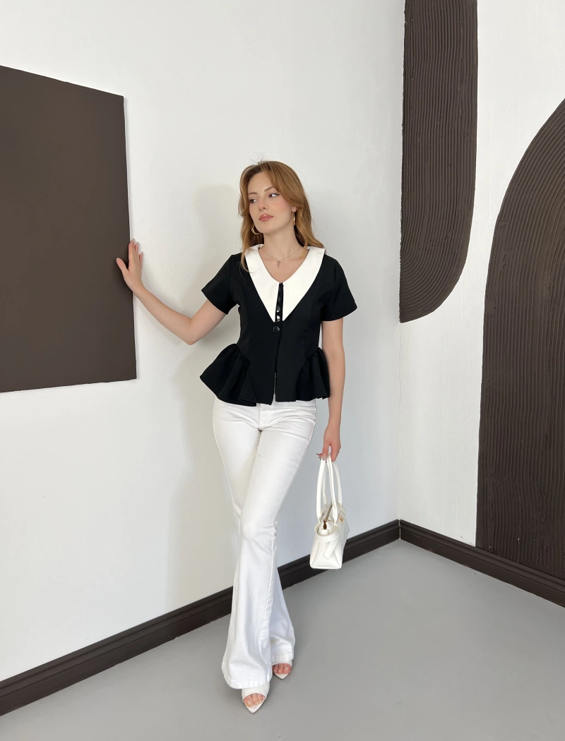 Kontrast Yaka Peplum Detaylı Bluz Siyah