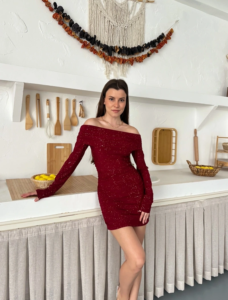 Madonna Yaka Simli Mini Elbise Bordo