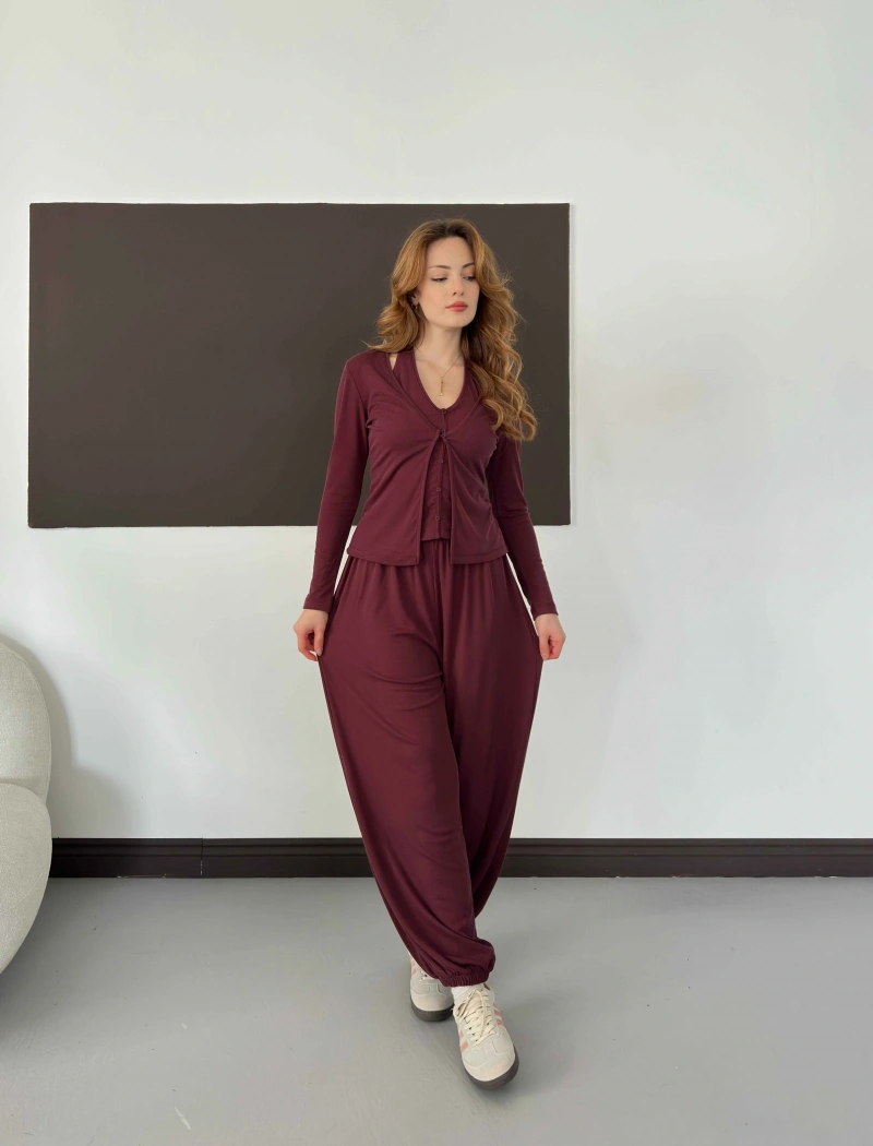 Modal Kumaş Üçlü Mudail Takım Bordo