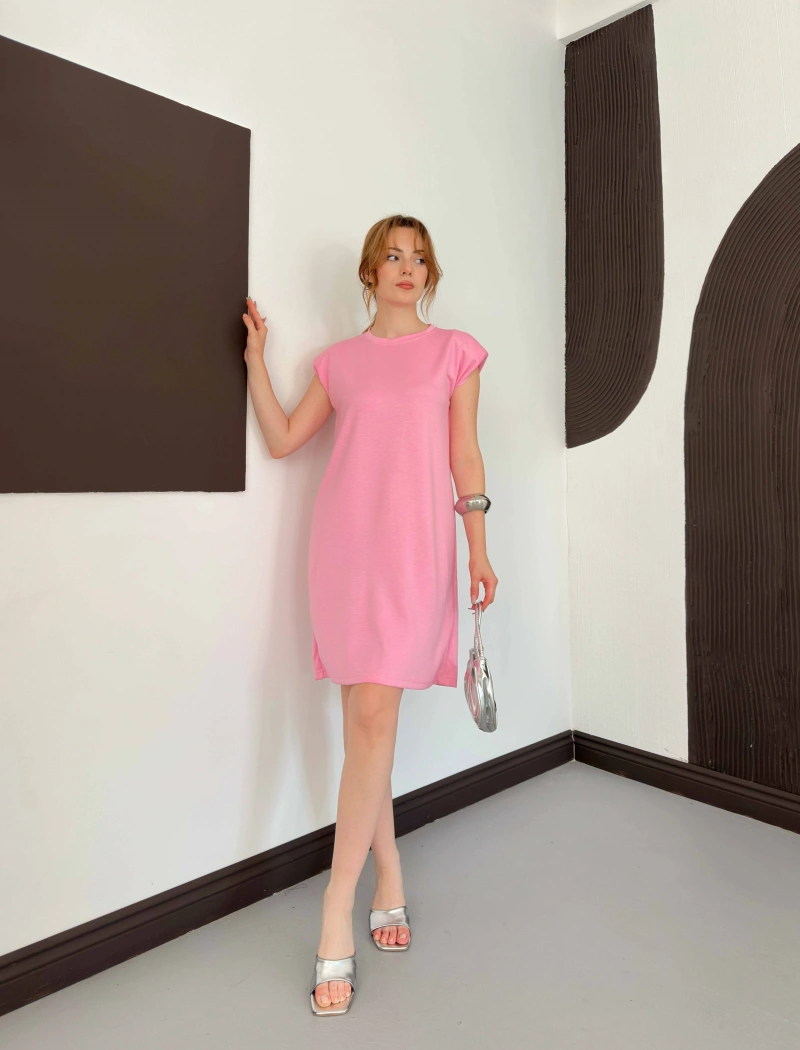 Omuz Vatkalı Sandy Basic Elbise Pembe