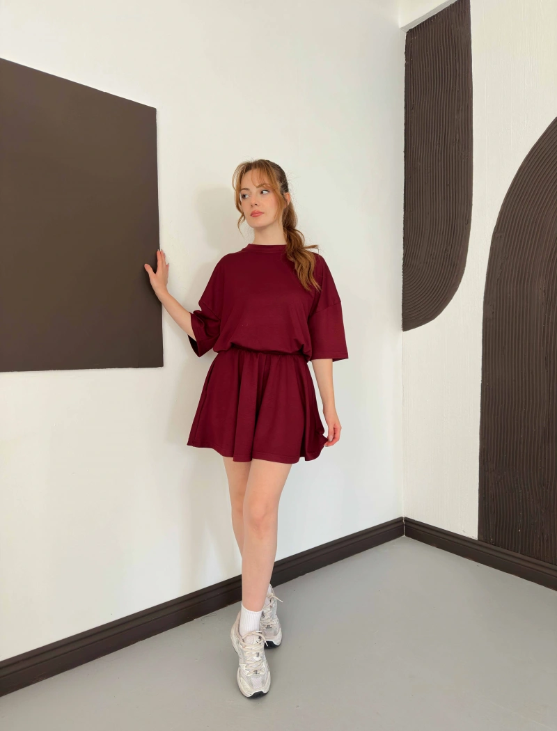 Pileli Şort Etek- Tişört Modal Takım Bordo