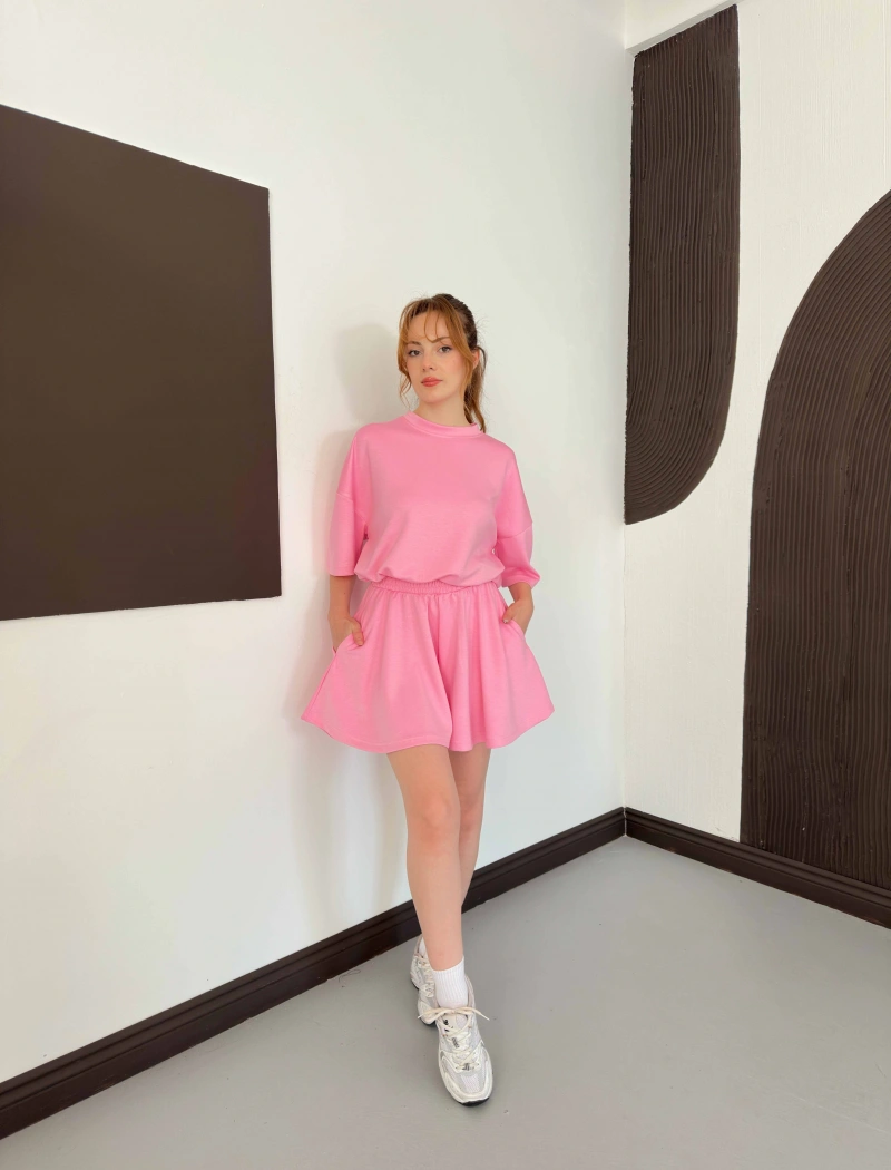 Pileli Şort Etek- Tişört Modal Takım Pembe