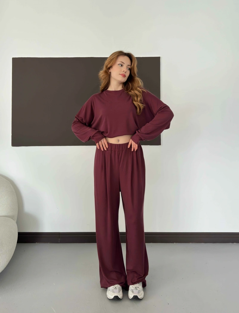 Pilise Detaylı Pantolon-Bluz Takım Bordo
