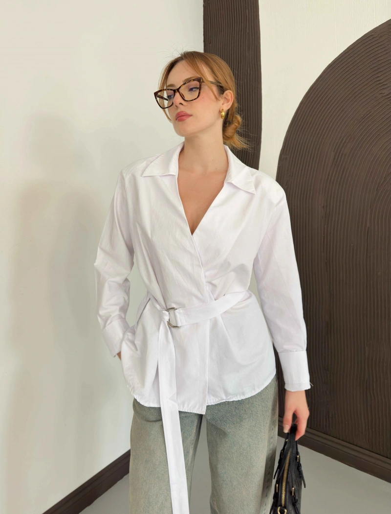 Poplin Kumaş Bel Kemer Detaylı Gömlek Beyaz
