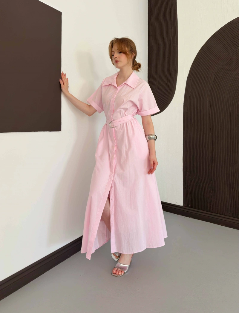 Poplin Kumaş Kemer Detaylı Gömlek Elbise Pembe