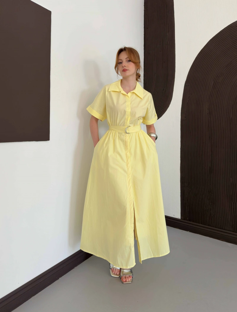 Poplin Kumaş Kemer Detaylı Gömlek Elbise Sarı