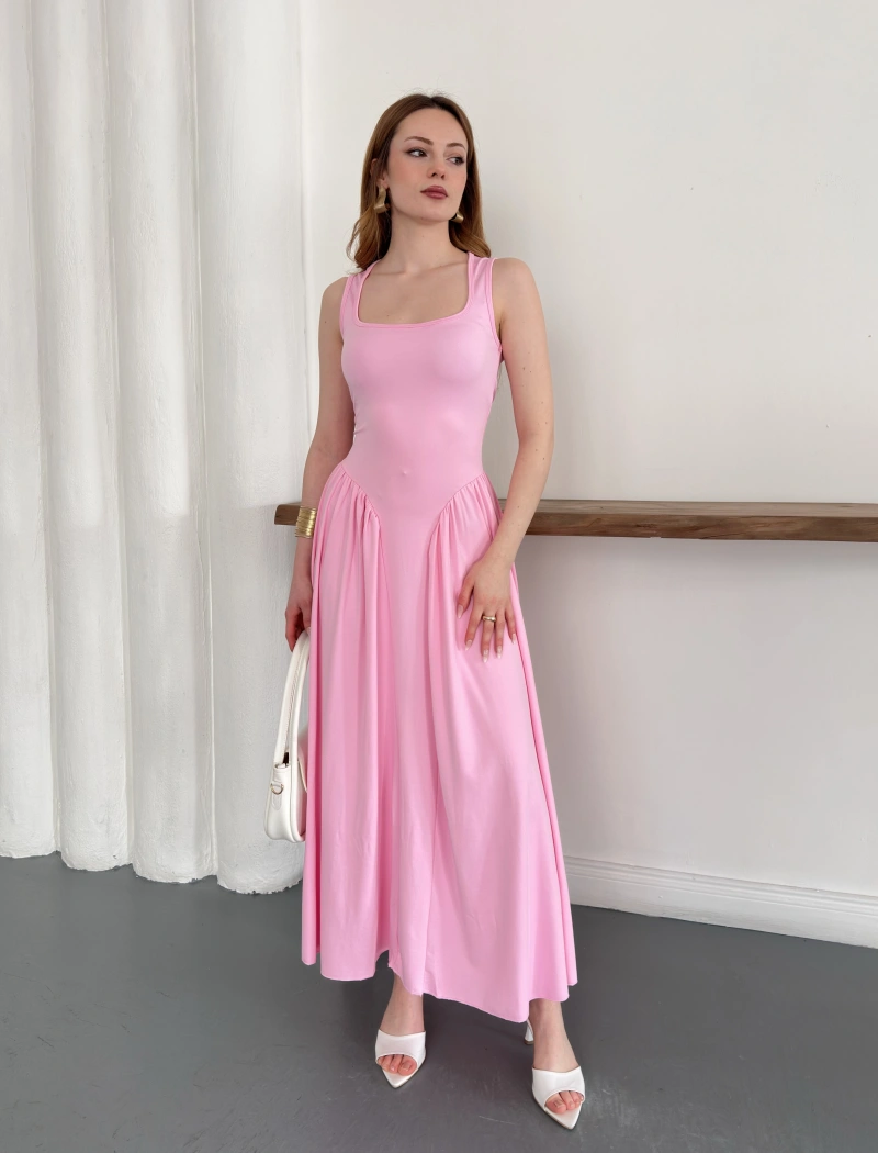 Premium Dokulu Prenses Uzun Elbise Pembe