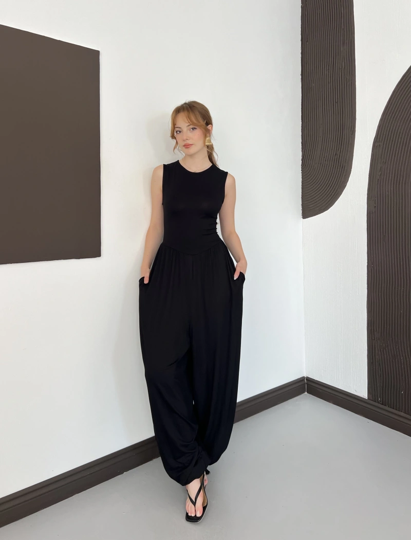 Sıfır Kol Basic Şalvar Tulum Siyah