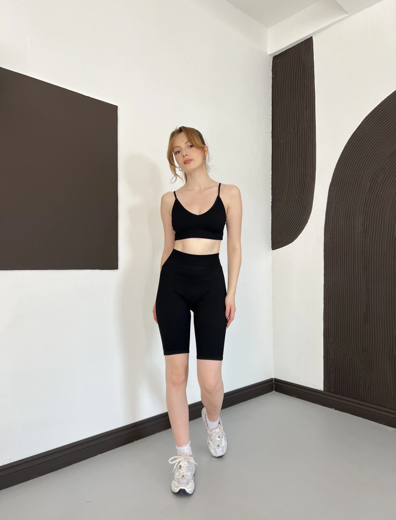 Spor Şort-Crop Takım Siyah