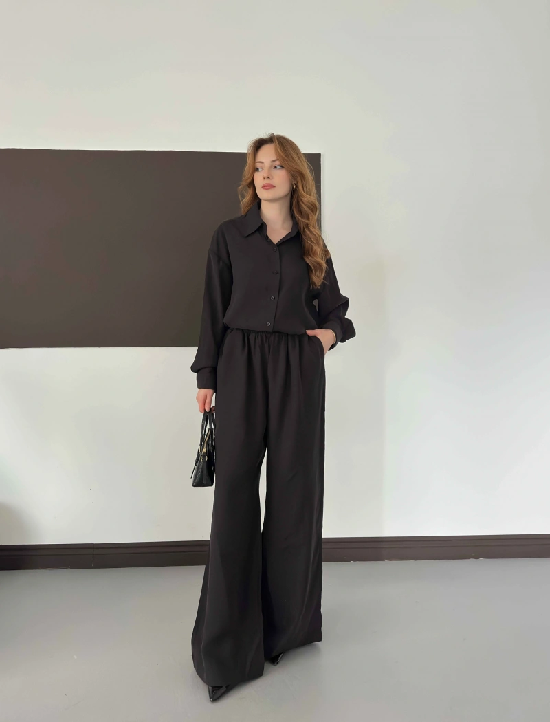 Tencel Kumaş Geniş Paça Pantolon-Gömlek Takım Siyah