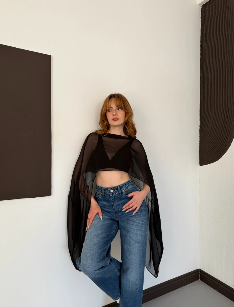 Uzunkol Crop Tül Bluz Siyah