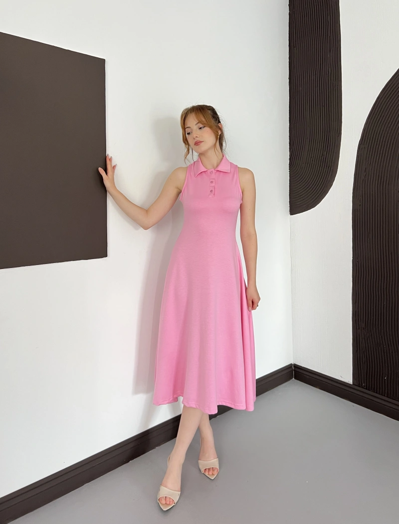 Yaka Detay Sıfır Kol Midi Elbise Pembe