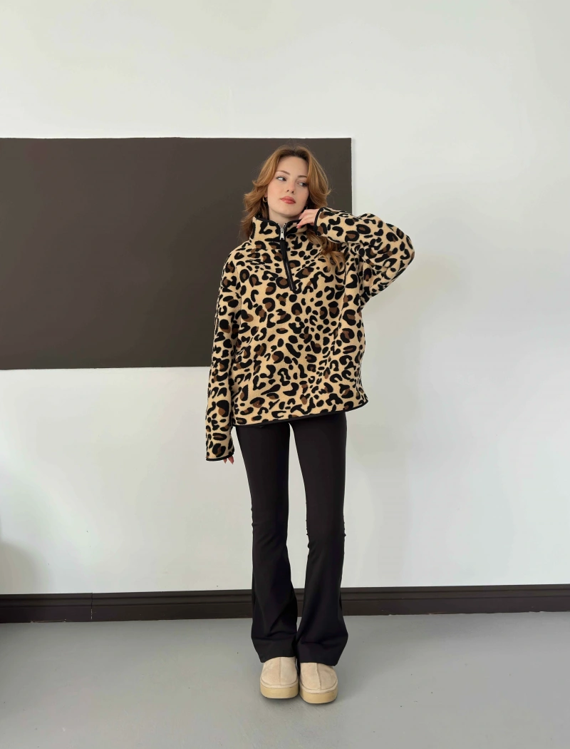 Yarım Fermuar Desenli Peluş Polar Leopar