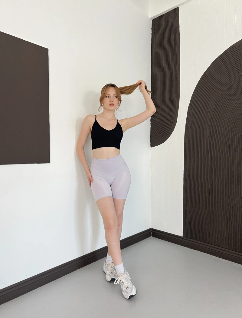 Yüksek Bel Dikişsiz Spor Şort Lila