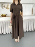 Ön Fermuar Detaylı Bel Kuşaklı Modal Kumaş Elbise Kahve