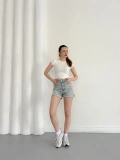 Yıkamalı Yırtık Desenli Denim Şort Mavi