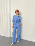 Bel Büzgü Detalı Gömlek-Pantolon Takım Bebemavisi