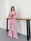 İspanyol Paça Transparan Gömlek-Pantolon Takım Pembe