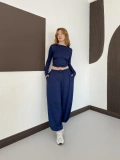 Bel Drape Detay Bluz-Pantolon Rahat Kesim Takım Lacivert