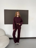 Bisiklet Yaka Piliseli Crop-Pantolon Takım Bordo