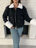 Cep Detaylı Peluş Denim Ceket Siyah
