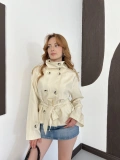 Dik Yaka Bel Kuşaklı Kısa Trenç Bej