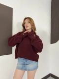 Dik Yaka Yumoş Oversize Crop Triko Kazak Bordo