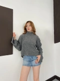 Dik Yaka Yumoş Oversize Crop Triko Kazak Gri