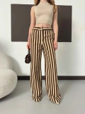 Dikey Çizgi Detaylı Geniş Paça Pantolon Kahve